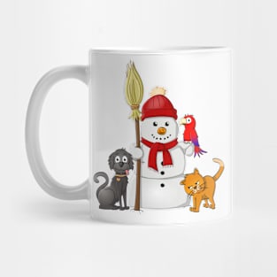 snowman with cat, dog and parrot Mug